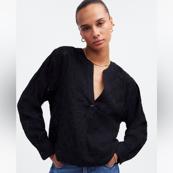 Madewell || Long-Sleeve Popover Top in Eyelet Linen Blend Black XXL - Picture 1 of 8